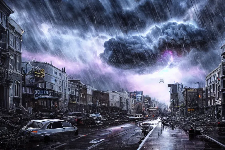 Prompt: wide angle street view of monstrous tornado with creeping tendrils looming above the city, flying debris, night, rain puddles, backlit, sprites, high contrast, artstation