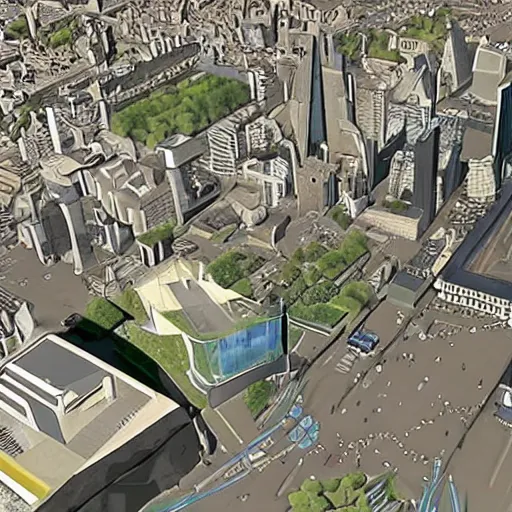 Image similar to screenshot of google street view showing futuristic london