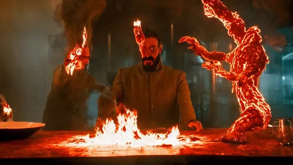 Image similar to the strange creature in a restaurant serves people, made of fire and water, film still from the movie directed by Denis Villeneuve with art direction by Salvador Dalí, wide lens