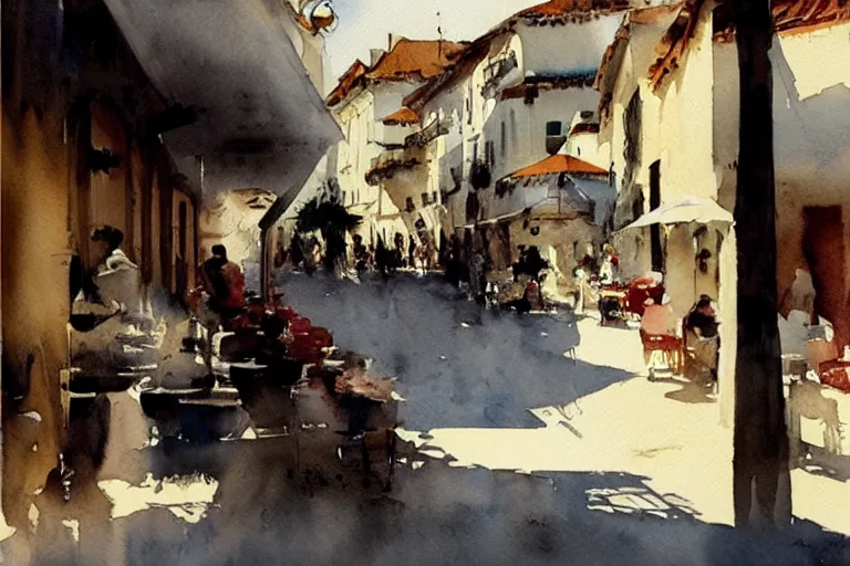 Image similar to abstract watercolor painting of spanish street, white buildings, summer, magical and traditional, cinematic light, french cafe, sharp shadows, daylight, national romanticism by anders zorn, by greg rutkowski, by greg manchess