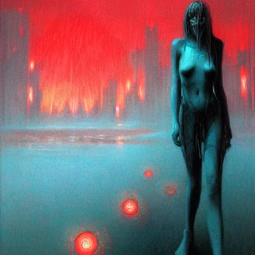 Prompt: cyberpunk red sorceress, with teal flames, by beksinski