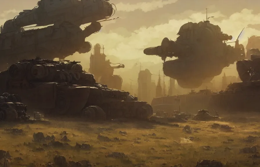 Image similar to concept art of a dusty field with ruined dieselpunk orcish tanks in the background, key visual, ambient lighting, highly detailed, digital painting, artstation, concept art, sharp focus, by makoto shinkai and akihiko yoshida and hidari and wlop