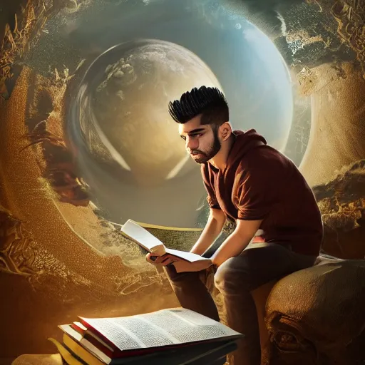 Image similar to Zayn reading a book sitting on top of a planet + Cinematic Lighting + Deep Shadows + Hyper Realistic + Hyper Maximalist + Maximalist Composition + Intricate Details + Rendered in Octane + Trending on Artstation + Hall of Fame on Cgsociety + 8K portrait + 8k Post-Processing Highly Detailed + Rendered by Octane Engine + 8K Artstation 8k Detail Post Processing + Octane Render