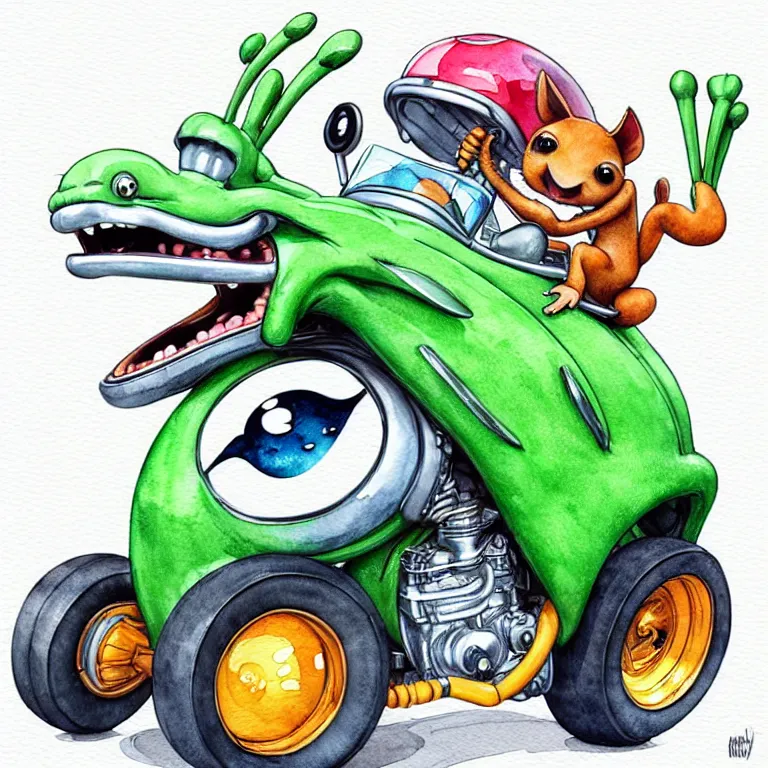 Image similar to cute and funny, kangaroo wearing a helmet riding in a hot rod with oversized engine, ratfink style by ed roth, centered award winning watercolor pen illustration, isometric illustration by chihiro iwasaki, edited by range murata, tiny details by artgerm and watercolor girl, symmetrically isometrically centered, sharply focused