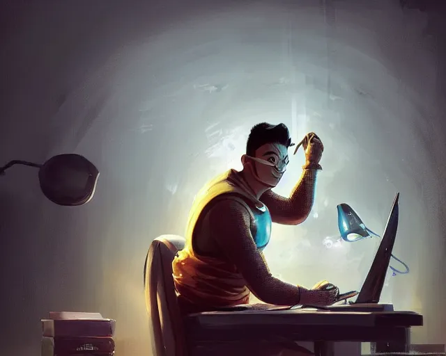 Image similar to an insanely detailed painting of an asian man wearing a homemade superhero costume, sitting at a desk, staring at the nervously at the computer and typing, in the style of peter mohrbacher, dramatic lighting and composition, surreal background, octane render, pixar, trending on artstation, concept art, comic book, view from behind