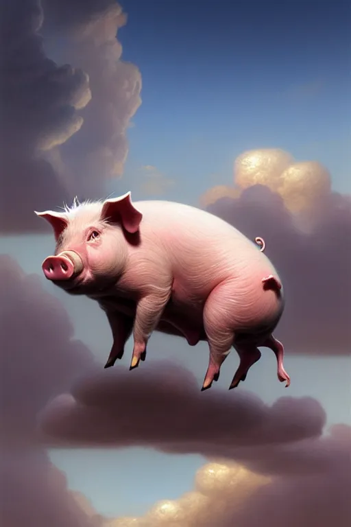 Image similar to Pig mixed with a greek god sitting in the clouds, very detailed, dramatic lighting, electrical details, high details, 4k, 8k, trending on artstation, by Greg Rutkowski, Wayne Barlowe, Hajime Sorayama and Boris Vallejo