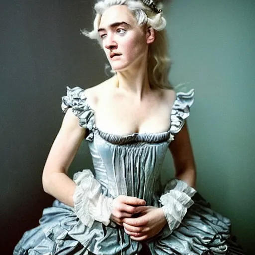 Prompt: A 18th century, messy, silver haired, (((mad))) elf princess (look like ((young Kate Winslet))), dressed in a frilly ((ragged)), expensive wedding dress, is ((drinking a cup of tea)). Everything is underwater! and floating. Greenish blue tones, theatrical, (((underwater lights))), high contrasts, fantasy water color, inspired by John Everett Millais's Ophelia