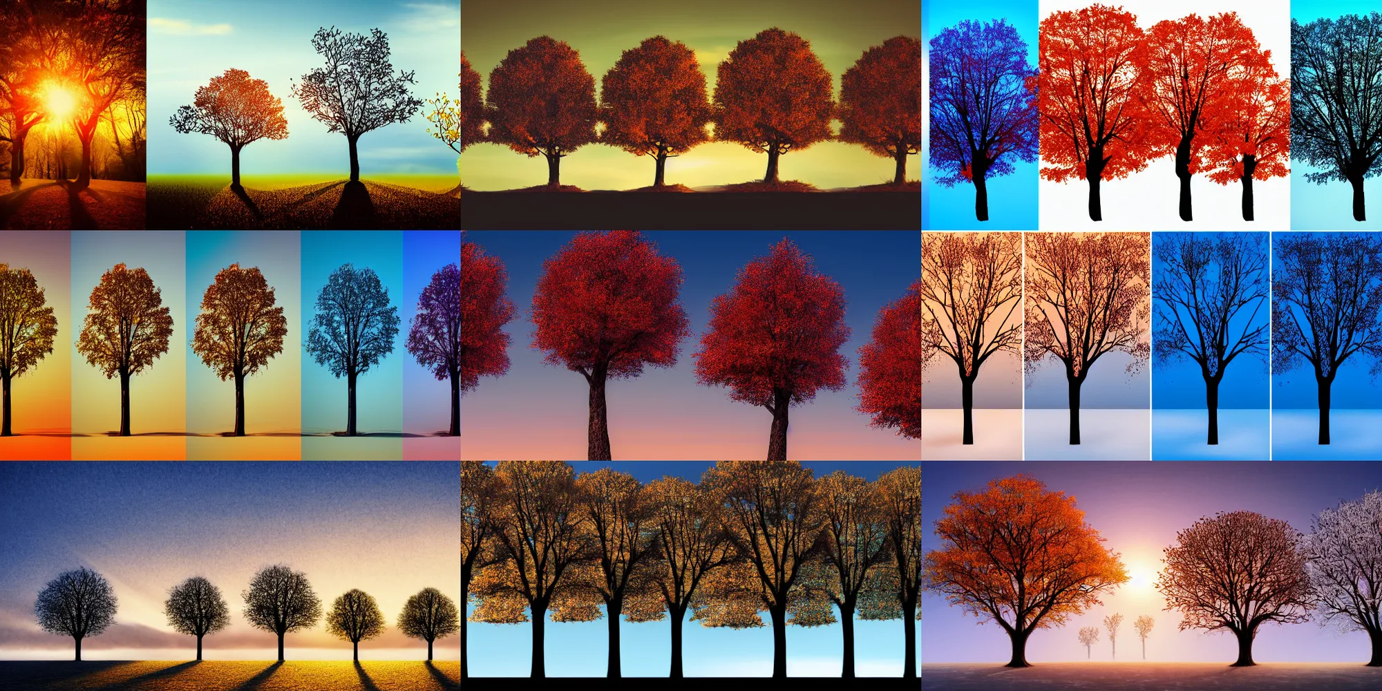 four trees in all seasons at sunset, one tree in the