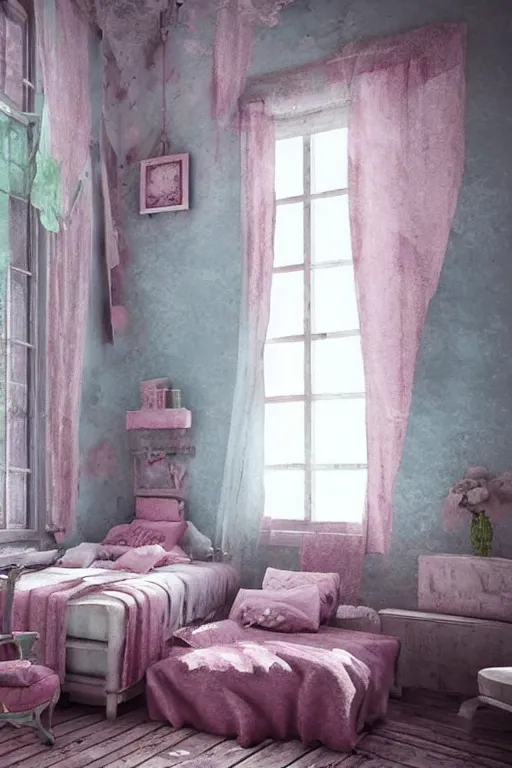 Image similar to hq sharp photo realistic shabby chic room with windows colorful atmospheric, artstation behance