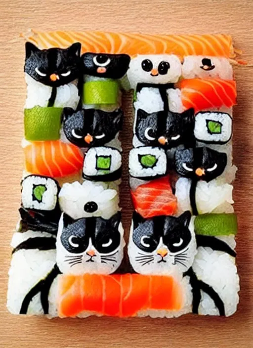 Image similar to clear photorealistic picture of adorable cats made out of sushi