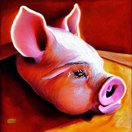 Prompt: a pig eating a rasher of bacon. detailed, realistic, digital painting,