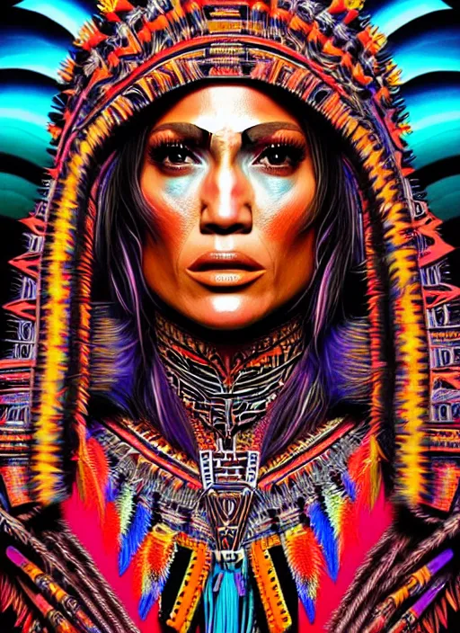 Image similar to portrait of jennifer lopez, hyper detailed ultra sharp aztec shaman warrior. trending on artstation, warpaint aesthetic, bloodwave, colorful, psychedelic, ornate, intricate, digital painting, concept art, smooth, sharp focus, illustration, art by artgerm and greg rutkowski and h. r. giger, 8 k