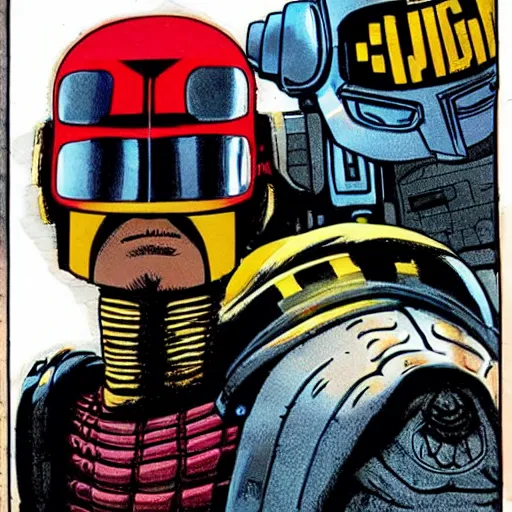 Prompt: judge dredd wearing many sunglasses