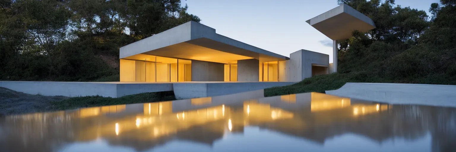 Prompt: a far away photoreal exterior shot of a minimalistic concrete pavillion house on a hill overlooking the hills at golden hour designed by marcio kogan, photographed by saul leiter, 8 k resolution