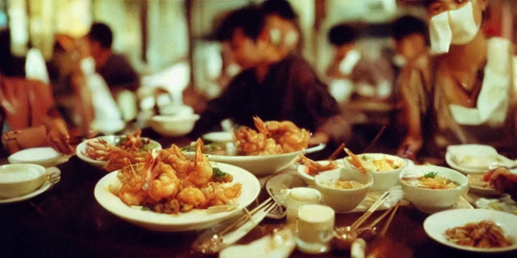 Image similar to “Bambi eating rice and fried shrimp in Chinese restaurant, realistic, 35mm film still, masterpiece”