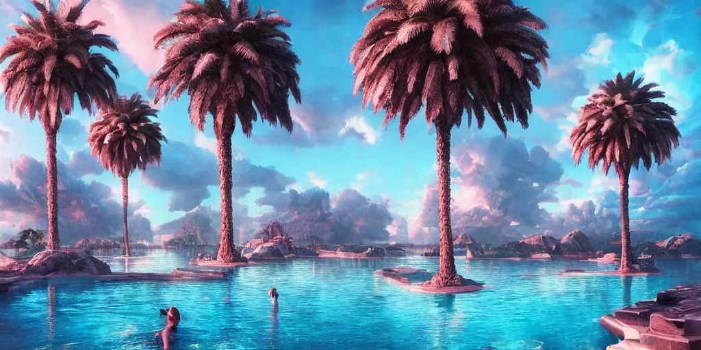 Image similar to artgem and greg rutkowski masterpiece, hyperrealistic surrealism, award winning masterpiece with incredible details, epic stunning, infinity pool, a surreal vaporwave liminal space, highly detailed, trending on ArtStation, calming, meditative, pink arches, palm trees, very vaporwave, very very surreal, sharp details, dreamscape, gigantic alien mirror structure