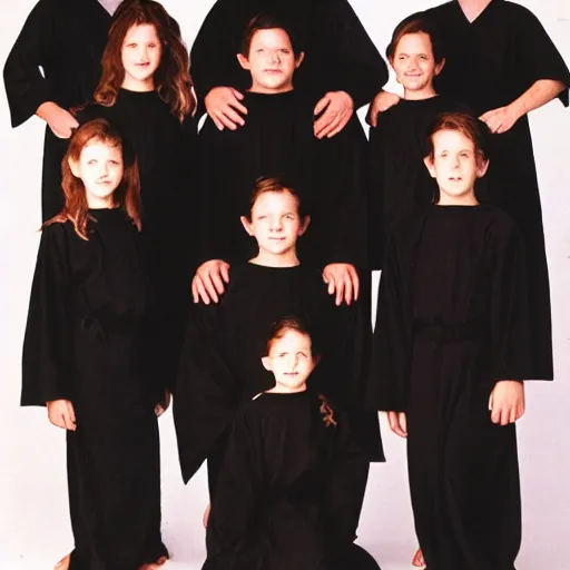 Image similar to 1 9 9 0's sears portrait photo, a family wearing long black cult robes and a giant evil sinister demonic creature