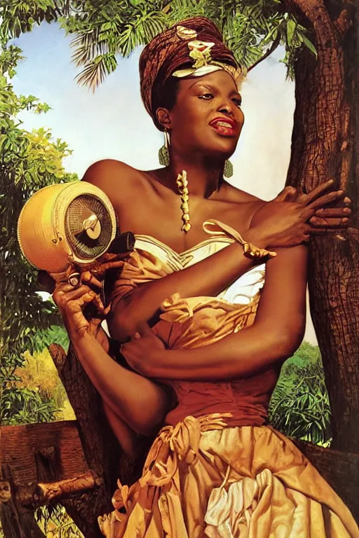 Image similar to an african queen by gil elvgren and norman rockwell and rob gonsalves, hyperrealistic, high detail