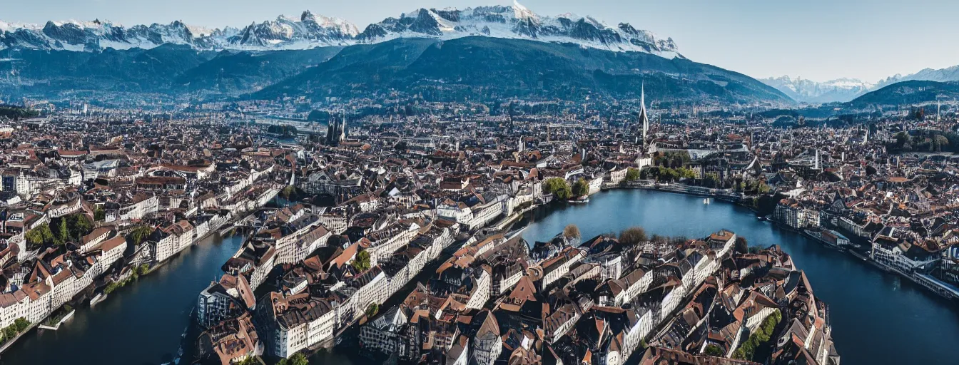 Prompt: Photo of Zurich, looking down the river at the lake and the alps, Hardturm, Grossmünster, wide angle, citypunk, volumetric light, hyperdetailed, mountain water, artstation, cgsociety, 8k