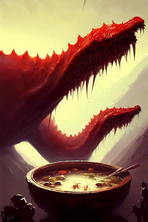 Image similar to greg rutkowski. drooling giant wurms over a bowl of stew, yummy