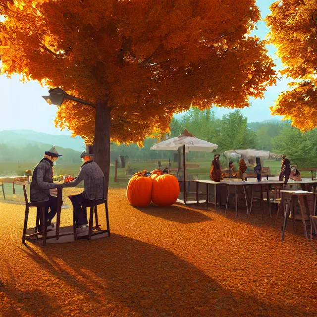 Image similar to pumpkin headed people ordering coffee at a coffee stand, maple trees with fall foliage, woodstock vermont, volumetric, realistic, cinematic lighting, ray tracing, unreal engine 5, octane render, hyper realistic, photo, 8 k