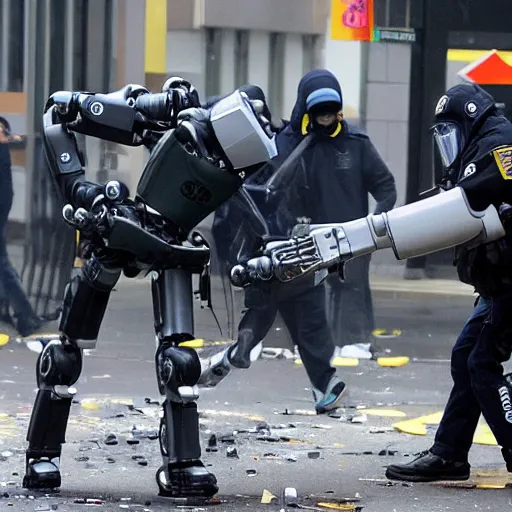 Prompt: Robotic security guard being dismantled by rioters