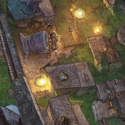 Image similar to a topdown battlemap from 9 0 degrees angle of a medieval town alley, dnd encounter, houses, rooftops, torches, darker ground, atmospheric lighting, dawn, dark fantasy, extremely detailed, no people, photorealistic, octane render, 8 k, unreal engine 5. art by artgerm and greg rutkowski and alphonse mucha