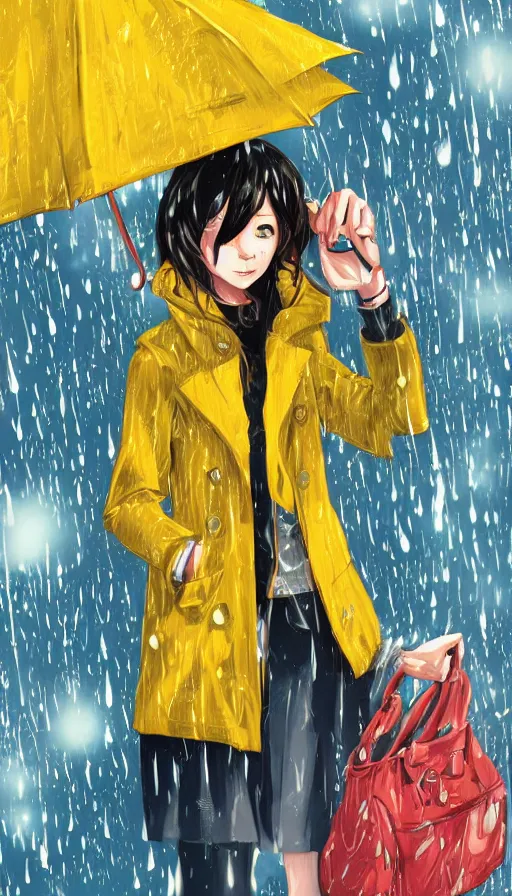 Prompt: girl in a yellow coat standing in the rain holding a small pocket watch, thick outlines, bright colors, digital art, hard edges, detailed, anime style, dynamic pose, character design, fisheye perspective, high angle, art by sora kim, rinotuna, ilya kuvshinov