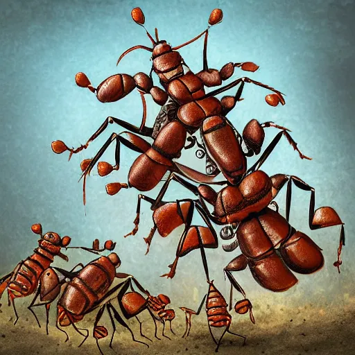 Prompt: War scene of a microscopic king sitting on an cockroach head and riding it like a stallion, with an army of tiny men on ants following him, detailed digital art