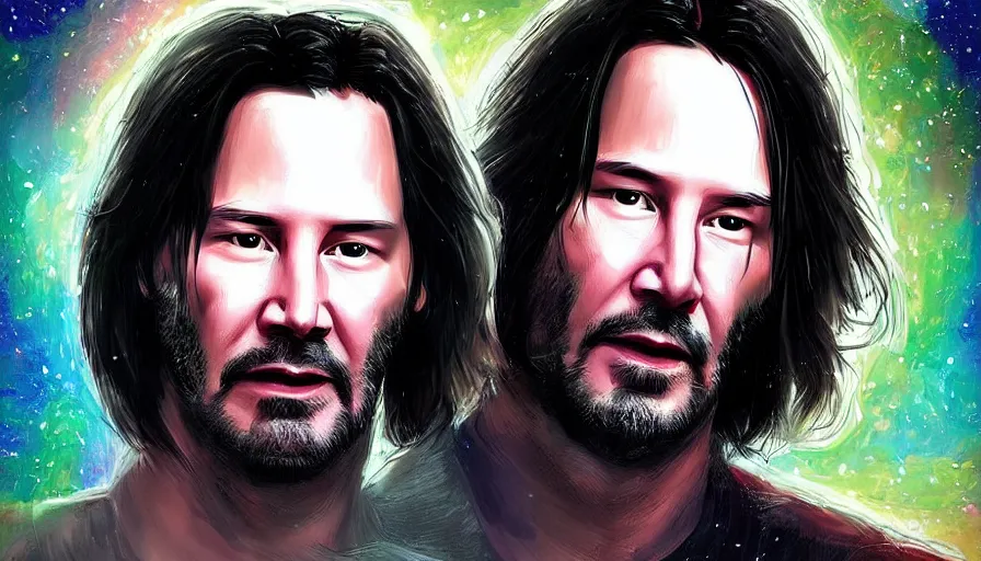 Prompt: Keanu reeves floating in space with extatic facial expression, digital art, artstation, artgem