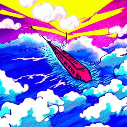 Prompt: a colorful anime styledrawing of a giant ship sinking into a sea of clouds