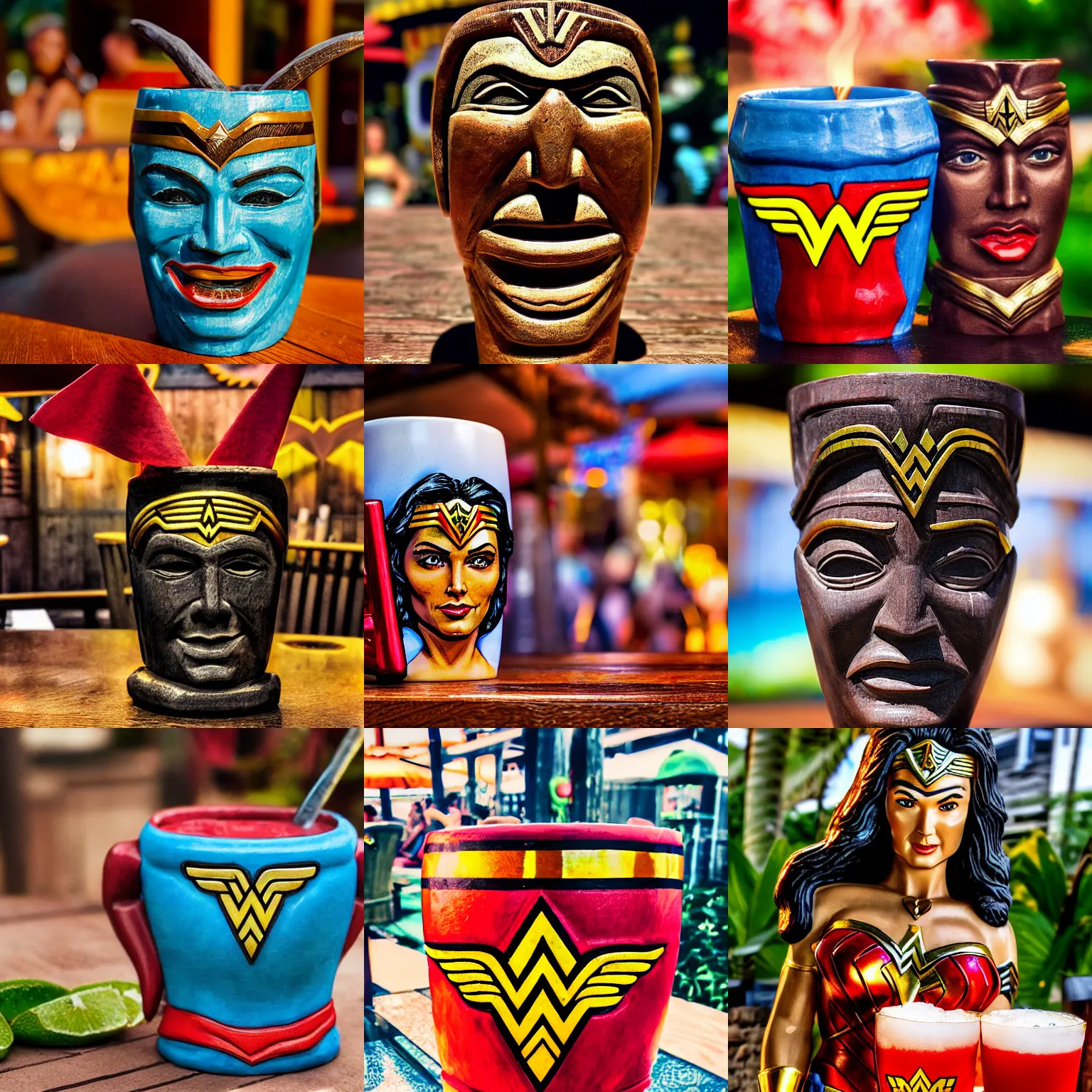 Prompt: a closeup photorealistic photograph of a wonder woman style tiki mug sitting at an outdoor trader vic's bar featuring wonder woman's face. tiki theme. bright scene. fine detail. this 4 k hd image is trending on artstation, featured on behance, well - rendered, extra crisp, features intricate detail, epic composition and the style of unreal engine.