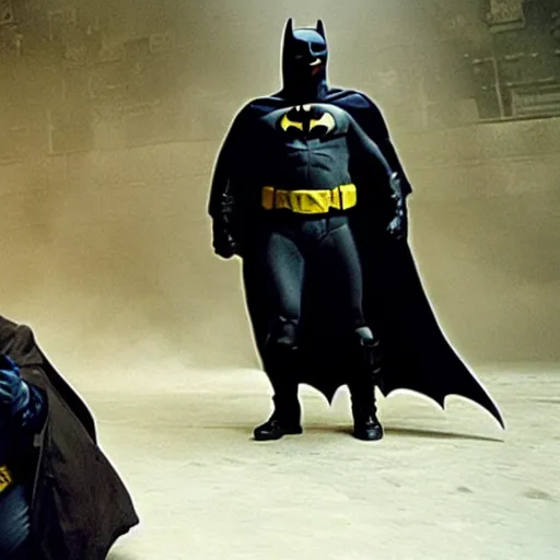 Image similar to A movie still of Danny Devito as Batman in The Dark Knight