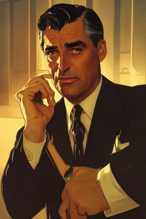 Prompt: cary grant as wall street banker, dramatic backlighting, autochrome, high contrast, highly detailed, sharp focus, digital painting, concept art, illustration, filmpunk , trending on artstation, art by greg rutkowski and greg hildebrandt, composition by alphonse mucha