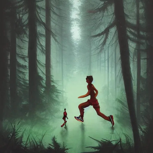 Image similar to a sporty guy runs alone through a forest with tall trees, acid-green sneakers, a photo from the back in perspective, art by Peter Mohrbacher,