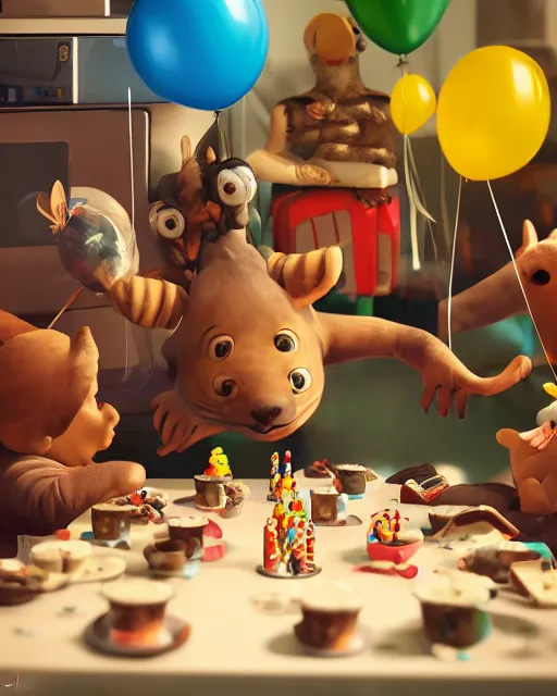 Prompt: pals have a birthday party, hyper realism, cinematic shot, epic composition, fine details, octane render, unreal engine, 8 k, depth of field, concept art, digital art, deviantart artstation, extremely detailed, very sharp,