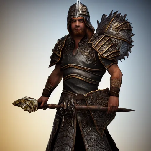 Prompt: stunning 3d render of a hyperrealistic fantasy warrior, male, highly detailed, cinematic