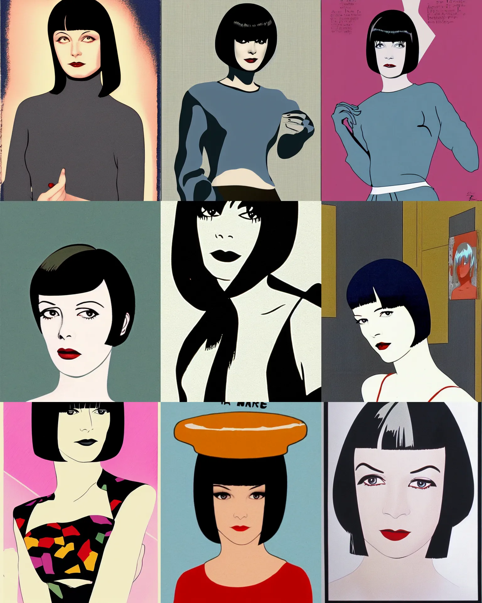 Prompt: mary louise brooks 2 5 years old as mia wallace, in pulp fiction 1 9 9 4, round bob haircut, by patrick nagel