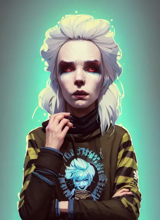 Image similar to highly detailed portrait of a sewer punk swedish lady, tartan hoody, white hair by atey ghailan, by greg rutkowski, by greg tocchini, by james gilleard, by joe fenton, by kaethe butcher, gradient light blue, brown, blonde cream and white color scheme, grunge aesthetic!!! ( ( graffiti tag wall background ) )