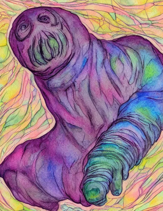 Image similar to tardigrade goddess, soft shading, dynamic lighting, watercolor and colored pencils, religious and spiritual themes