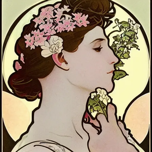 Image similar to beautiful, art nouveau advertisement, in the style of Alphonse Mucha, white short haired cat surrounded by flowers