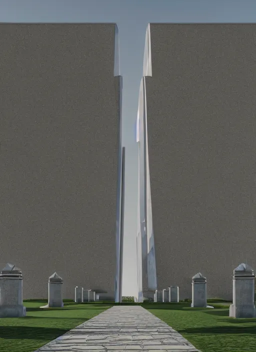 Image similar to highly detailed realistic architecture 3 d render of a metallic monumental stele in frank lloyd wright style standing on a highway, archdaily, made in unreal engine 4 octane render