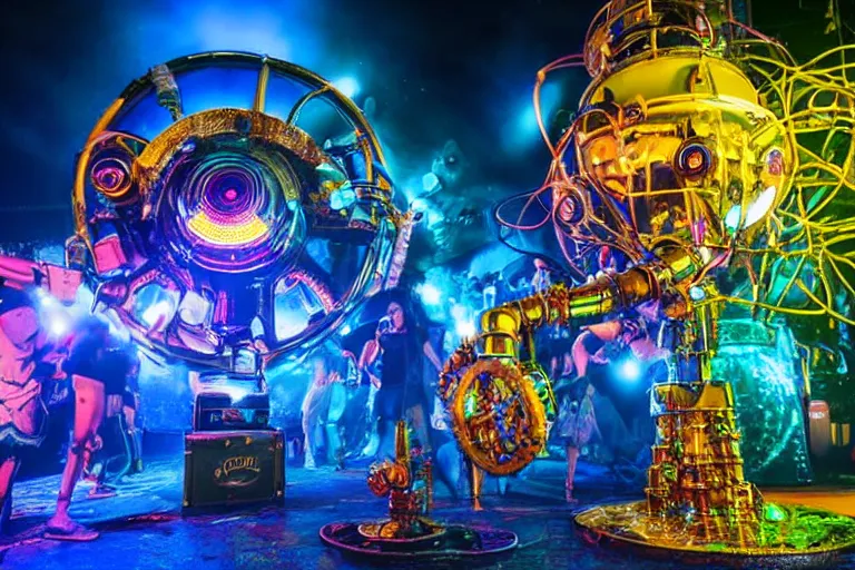 Prompt: scene is elrow party in ushuaia in ibiza, portrait photo of a giant huge golden and blue metal steampunk robot, with gears and tubes, eyes are glowing red lightbulbs, shiny crisp finish, 3 d render, 8 k, insaneley detailed, fluorescent colors, haluzinogetic, background is multicolored lasershow