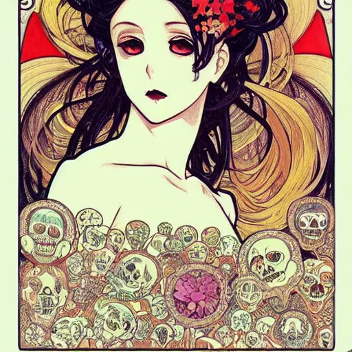 Image similar to anime manga skull portrait woman comic skeleton illustration style by Alphonse Mucha and Gustav Klimt pop art