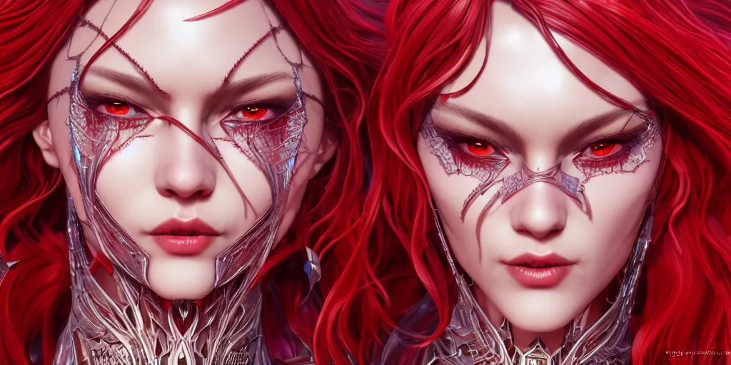 Prompt: 8 k metahuman highly detailed close up render cdpr character design of armored witch, hajime sorayama, red long wavy hair, red lace dress, artgerm, alphonse mucha, clear symmetrical face, game assets, swarovski, unreal engine, sharp focus, jewelry iridescent, illustration, artstation