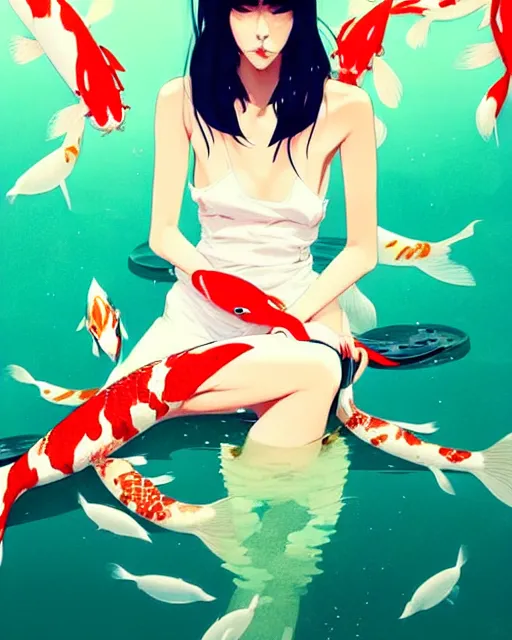 Image similar to a ultradetailed beautiful panting of a stylish woman surrounded by floating koi fish, by conrad roset, greg rutkowski and makoto shinkai, trending on artstation