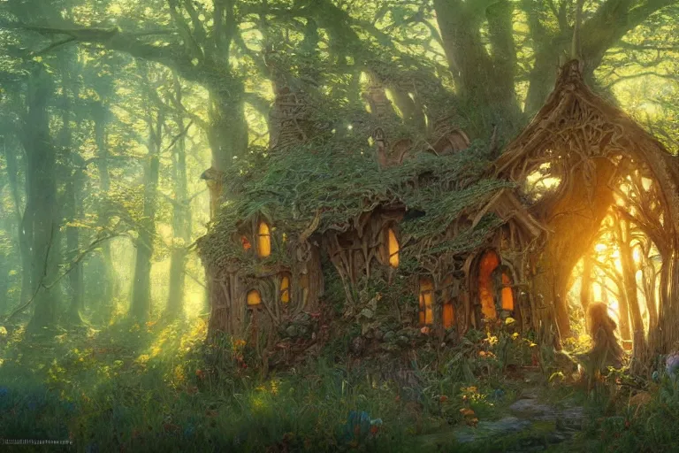 Prompt: wide angle view, a beautiful digital painting of a fairy house in plains, bright sunny day, woodline, magical, by greg rutkowski, brian froud, marc simonetti, jean - baptiste monge, mucha, symmetry, complementary colors, ink illustration, trending on artstation