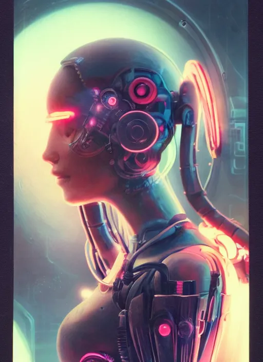 Prompt: cute cyborg girl, illustrated by greg rutkowski and h. r. giger, 3 5 mm lens, beautiful macro close - up imagery, vibrantly lush neon lighting, beautiful volumetric - lighting - style atmosphere, a futuristic atmosphere, intricate, ultra detailed, photorealistic imagery, trending on artstation, 4 k, 8 k, scratched polaroid photo