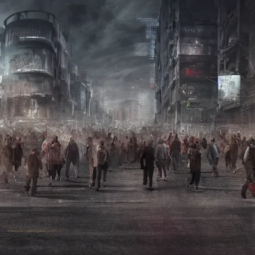 Image similar to hordes of drone-like people aimlessly walking around a depressing dystopian cityscape , trending on artststion, hyper realistic, surreal, melancholic, 8k, upscaled