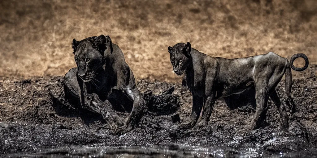 Prompt: a black lioness made of ferrofluid bathing inside the tar pit full of tar, covered with tar. dslr, photography, realism, animal photography, color, savanna, award winning wildlife photography